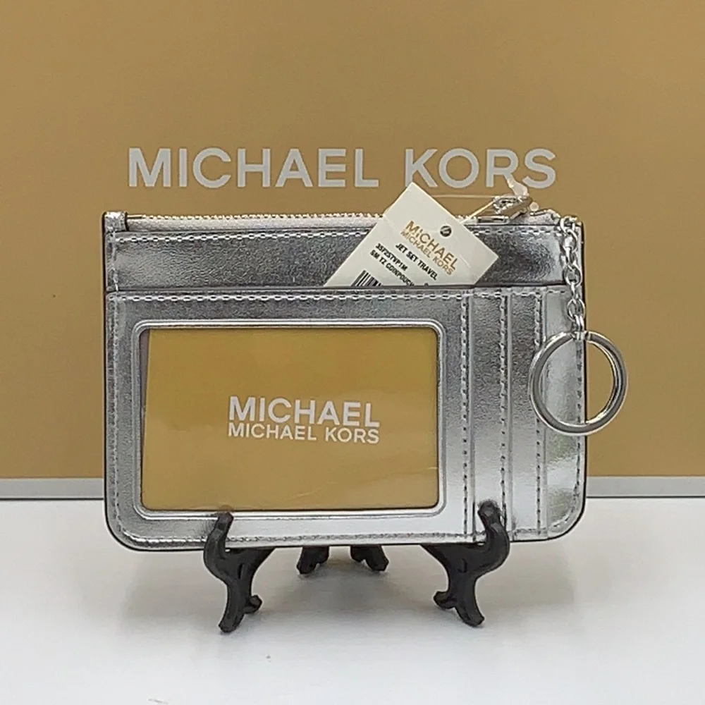 MICHAEL KORS JET SET TRAVEL SMALL TOP ZIP COINPOUCH WITH ID CARD SILVER … - Picture 2 of 12